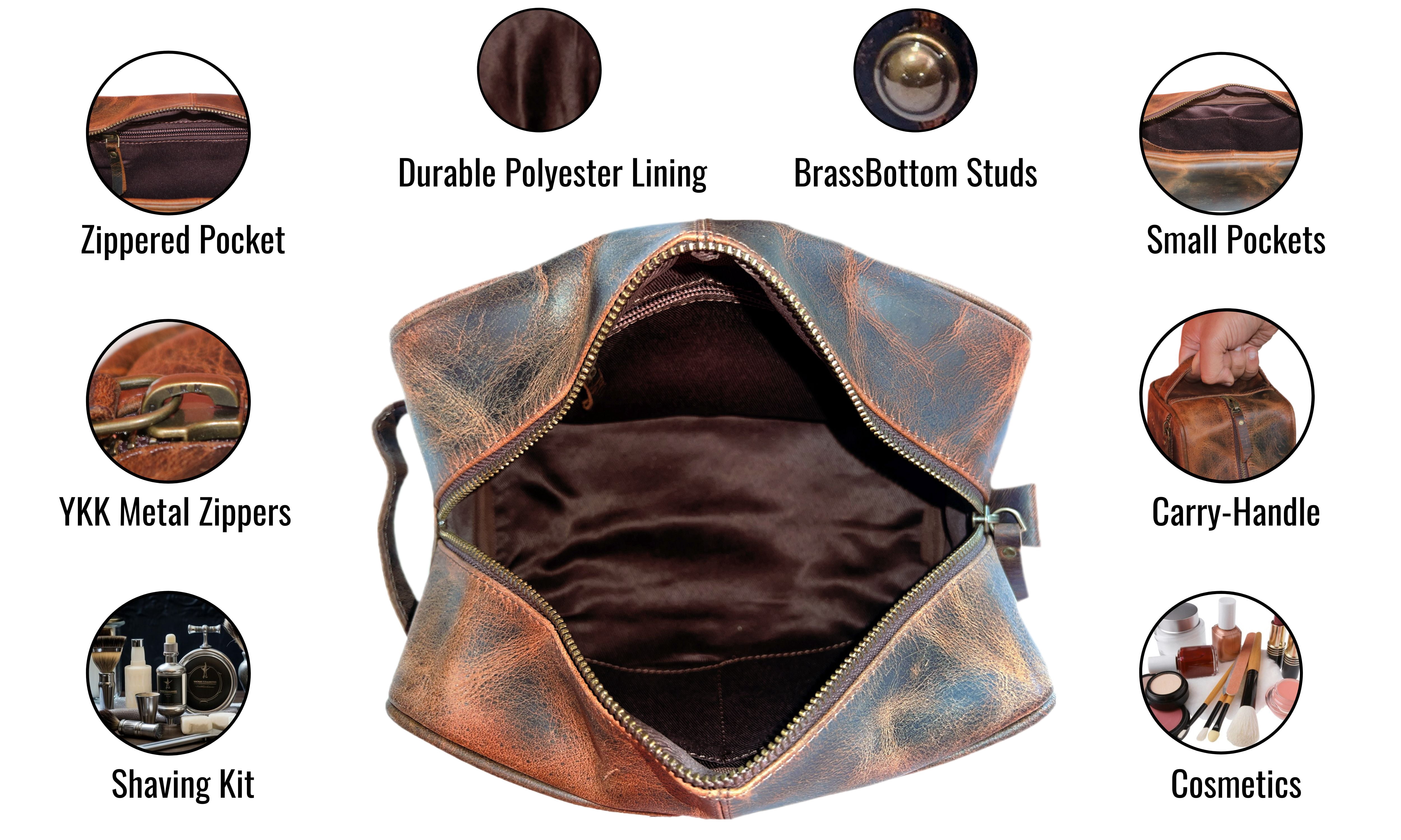Jaald Leather Toiletry Bag Dopp Kit for Men & Women Travel Groomsmen Gift Makeup Organizer Zippered Cosmetic Pouch Toiletries Storage Case