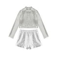thumbnail image 3 of Alvivi Kids Girls 2 Piece Hip-Hop Dance Outfit Long Sleeve Metallic Crop Top with Shorts Streetdance Gym Dancewear Silver 10, 3 of 5