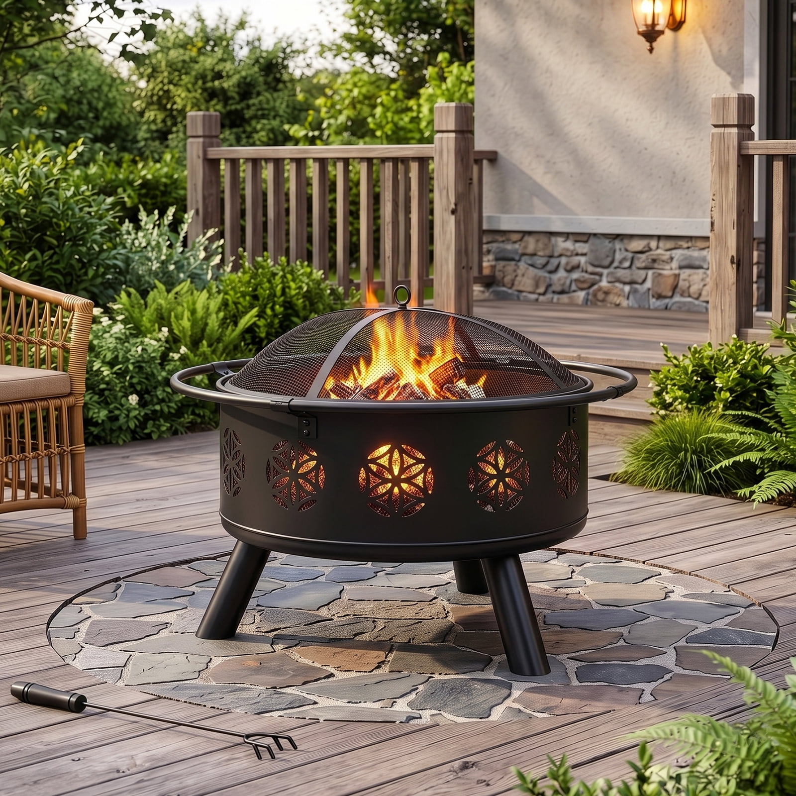 30 Inch Round Outdoor Wood Burning Fire Pit, Heavy Duty Wrought Iron Firepit with Hinged Spark Screen Lid & Lift Ring, Decorative Eternal Flower Cutout Patio Fire Pit for Backyard, Garden, Lawn