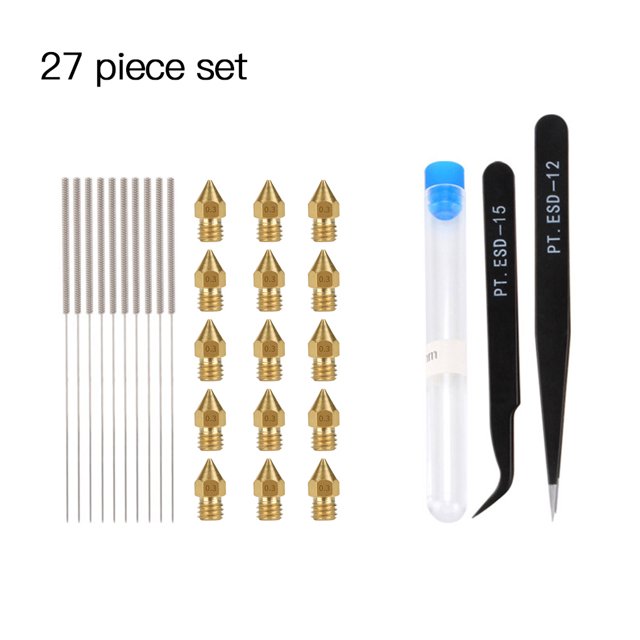 Impresora 3D MK8 Kit de cabezales de boquilla de latón Cabezales extrusoras Kit de pinzas de aguja de limpieza, 0,3 mm 27 Piezas tholdsy EL4446-02B