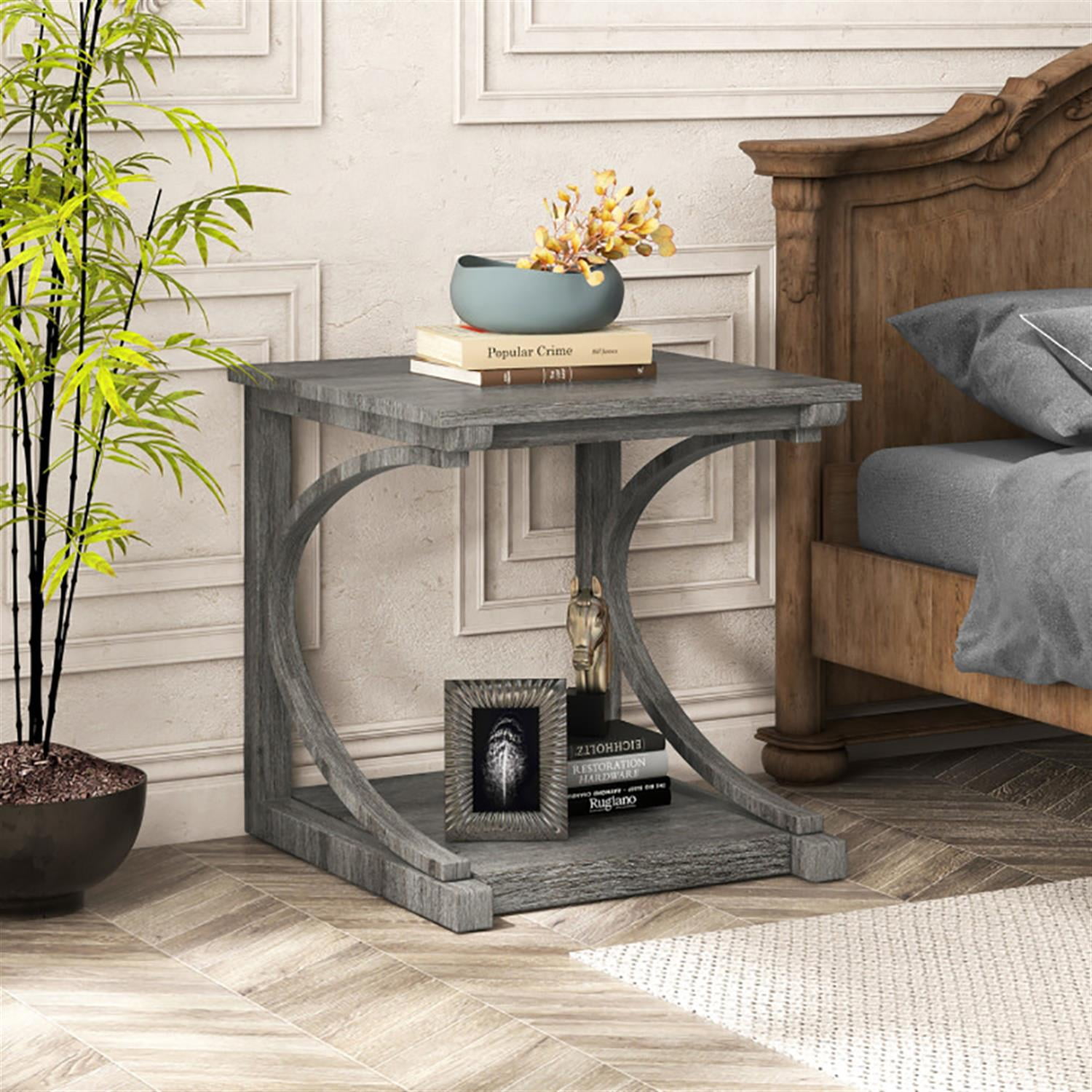 Demi Bonn C-shaped Sofa Side Table, 2-Tier Square End Table with Lower Shelf, Nightstand for Small Spaces, Living Room, Bedroom, Gray