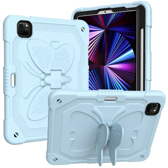 Case For Apple iPad Air 4 / iPad Air 5 / iPad Pro (11 inch) Butterfly Wings Kickstand 3in1 Tough Hybrid with Pencil Holder Heavy Duty Rugged Shockproof Full Protective Tablet Cover [ Light Blue ]