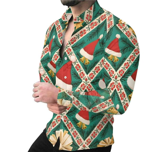 bbymog Big and Tall Shirts for Men Christmas Printed Collared Neck Blouse Long Sleeve Button Up Shirt Casual Shirt Multicolor A L