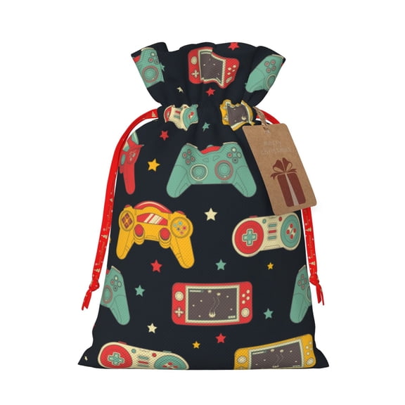 Honeii Retro Video Game Print Small Burlap Bags,Christmas Drawstring Treat Bags Gift Bags Reusable Candy Goodie Wrapping Bags for Holiday Party Favors Supplies -Small