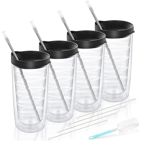

Modwnfy 24 fl oz Clear Double Wall Tumblers with Black Lid And Straw Reusable Plastic Tumblers Cups Iced Coffee Tumbler(4 Pack)