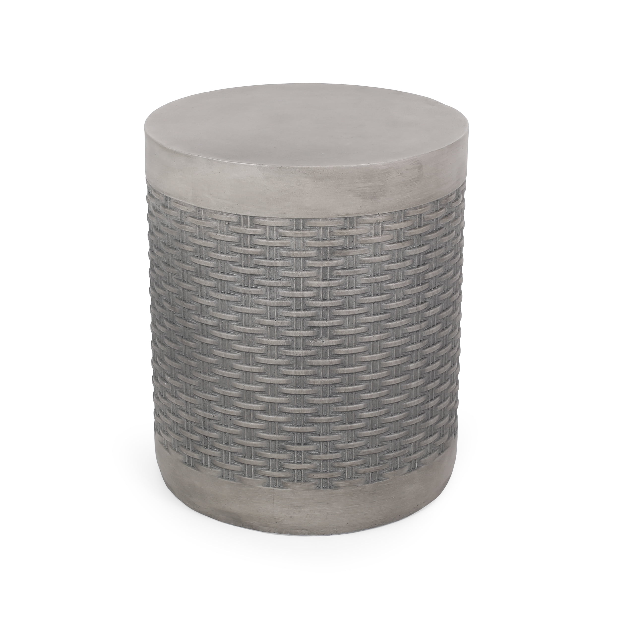 Outdoor Round End Table, Lightweight Concrete with Basket Weave Pattern for Patio Garden, White