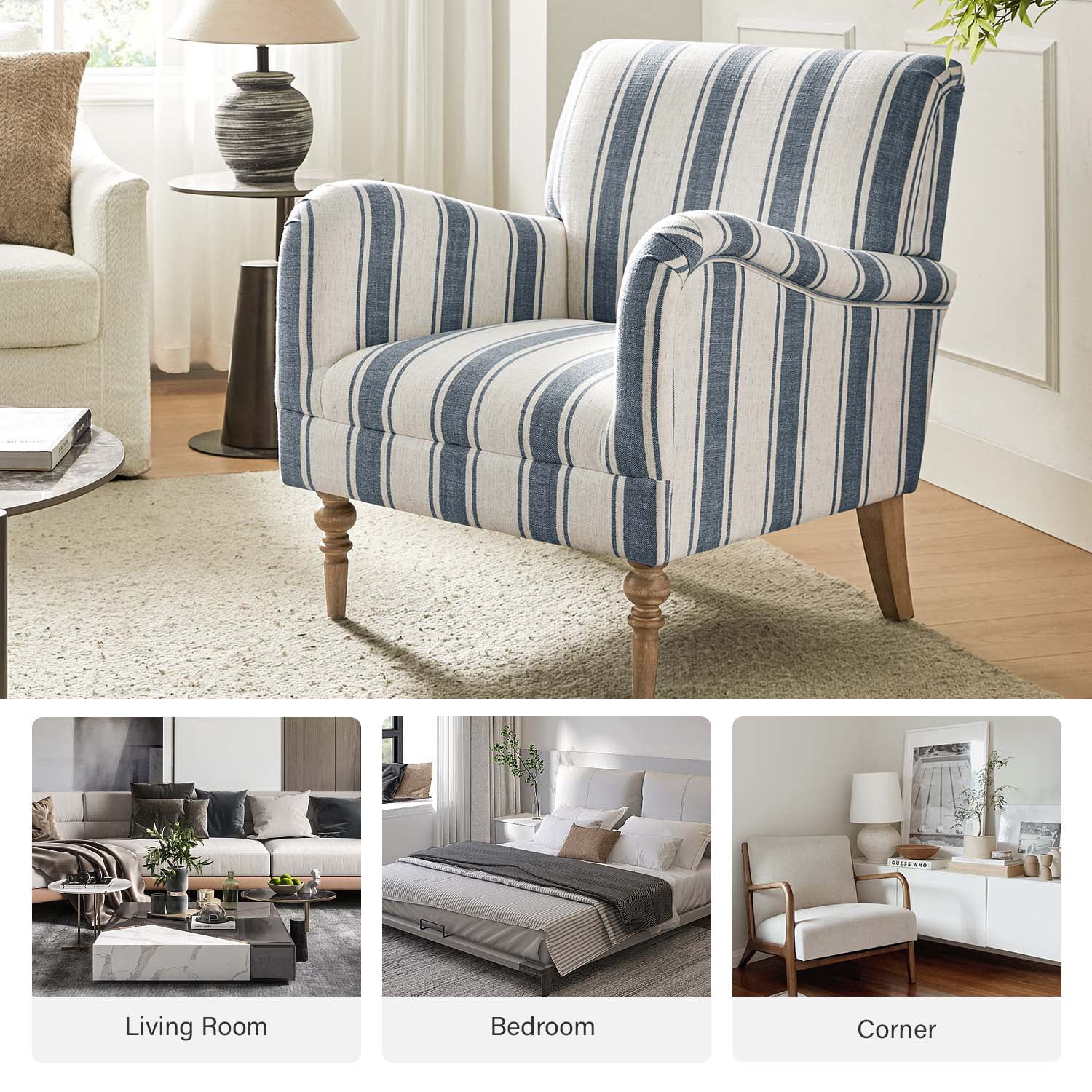 Stripe Armchair Upholstered Wooden Legs Accent Chair for Living Room Bedroom Adults Navy Stripe