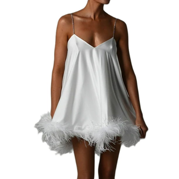 Licupiee Women Feather Hem Sleeveless Mini Dress Spaghetti Strap Bodycon Short  Dress Cocktail Party Clubwear - Walmart Business Supplies