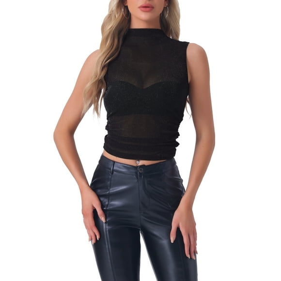 INSPIRE CHIC Mock Neck Ruched Top for Women's Sleeveless Mesh Summer Cropped Casual Tops Black L