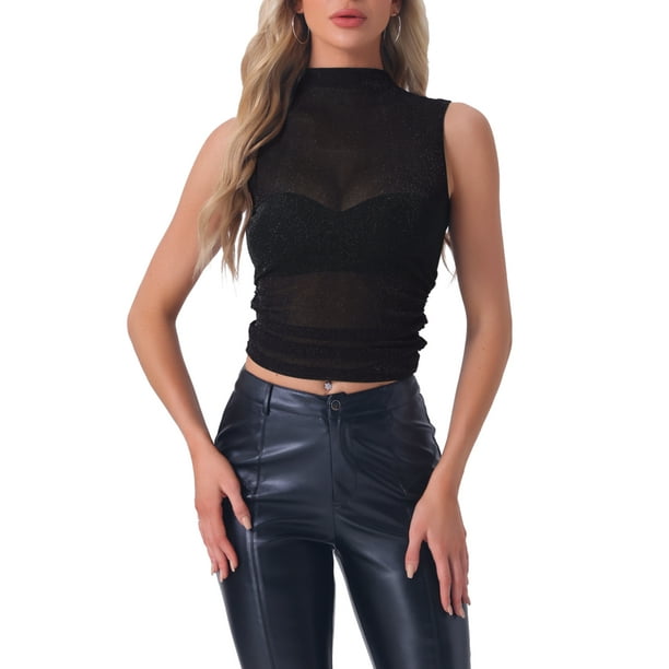 INSPIRE CHIC Top de Cuello Alto Arrugado sin Mangas para Mujeres, Blusa Casual de Malla de Verano, Corto, Negro, Talla L