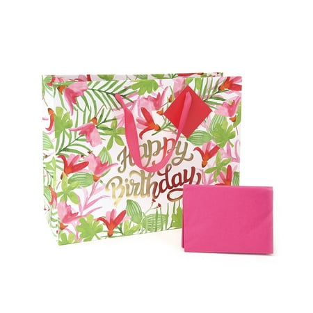 Roobee Tropical Floral With Gold Foil 'Happy Birthday' Medium Gift Bag with Tag & Tissue Paper, 1 Count