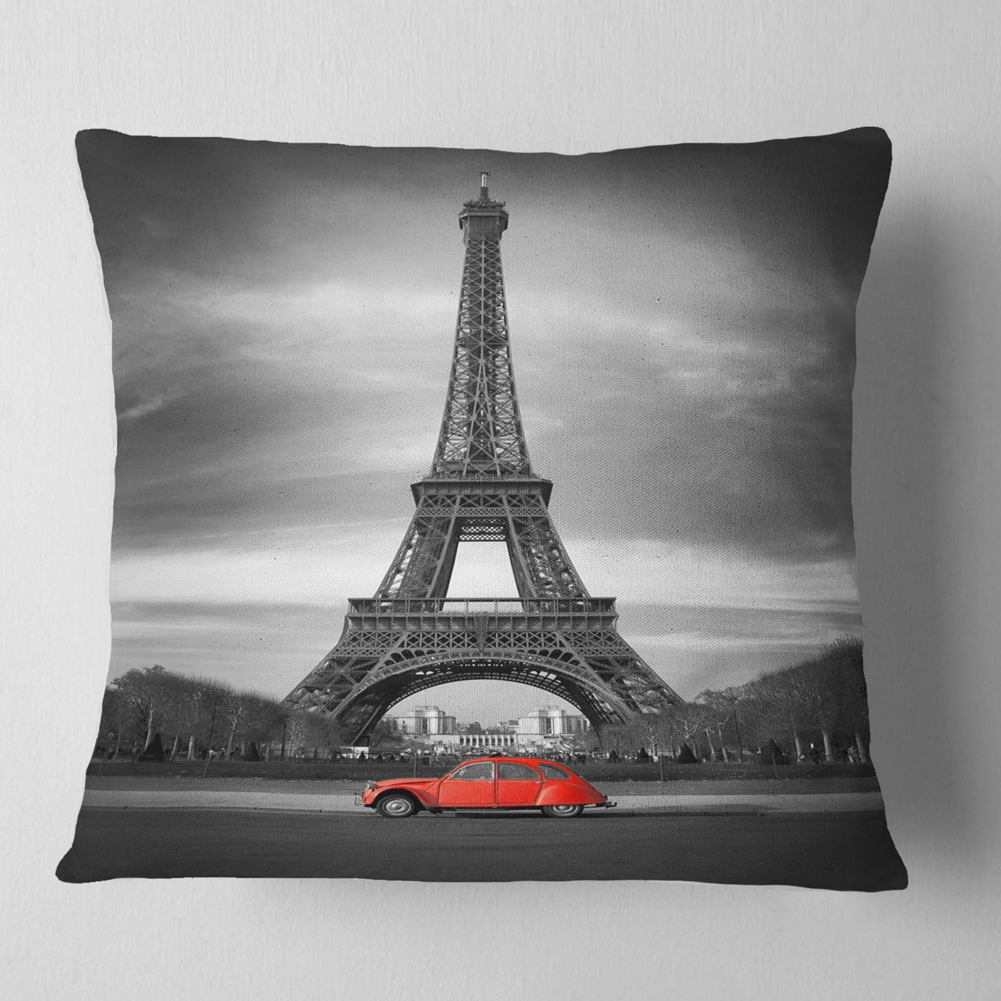Designart Eiffel and Old Red Car - Landscape Printed Throw Pillow - 16x16