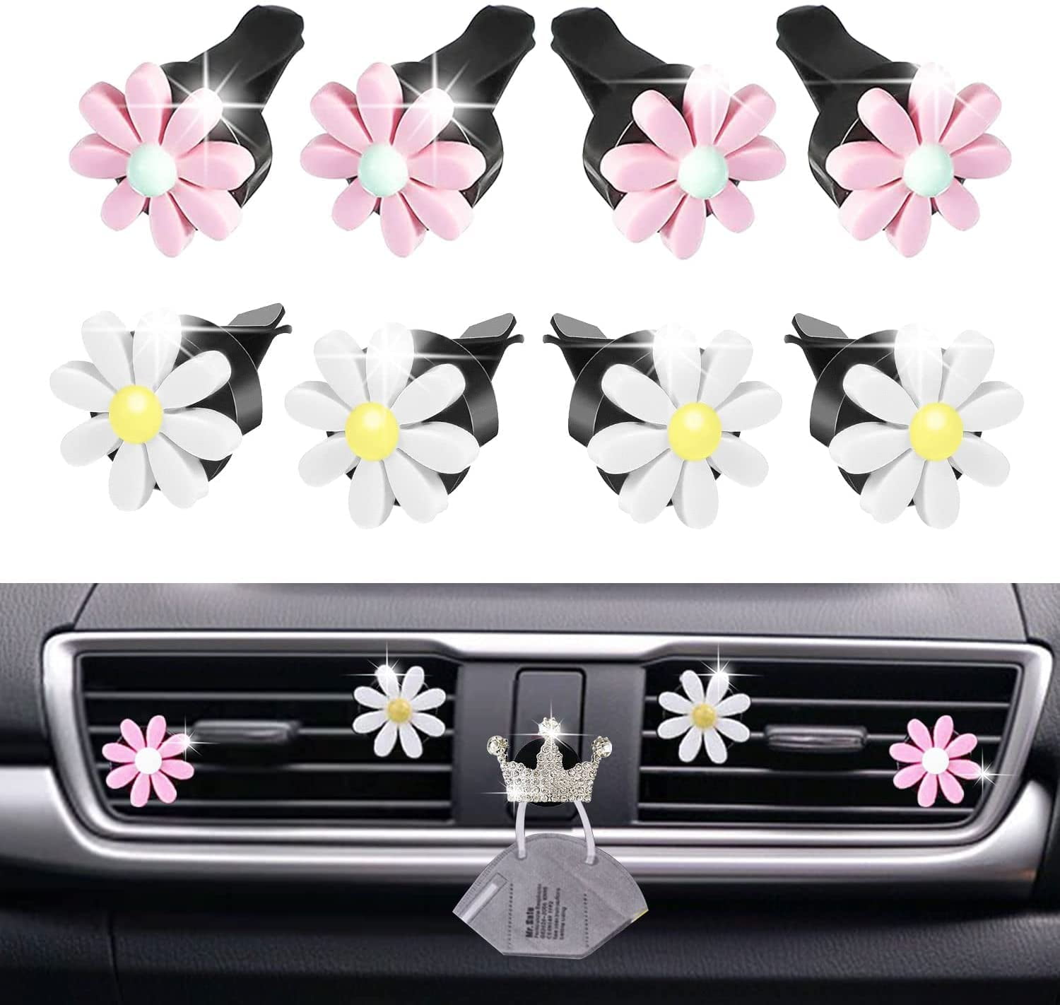 8 Pack Pink Car Accessories, Daisy Flower Vent Clips, Cute Car Air