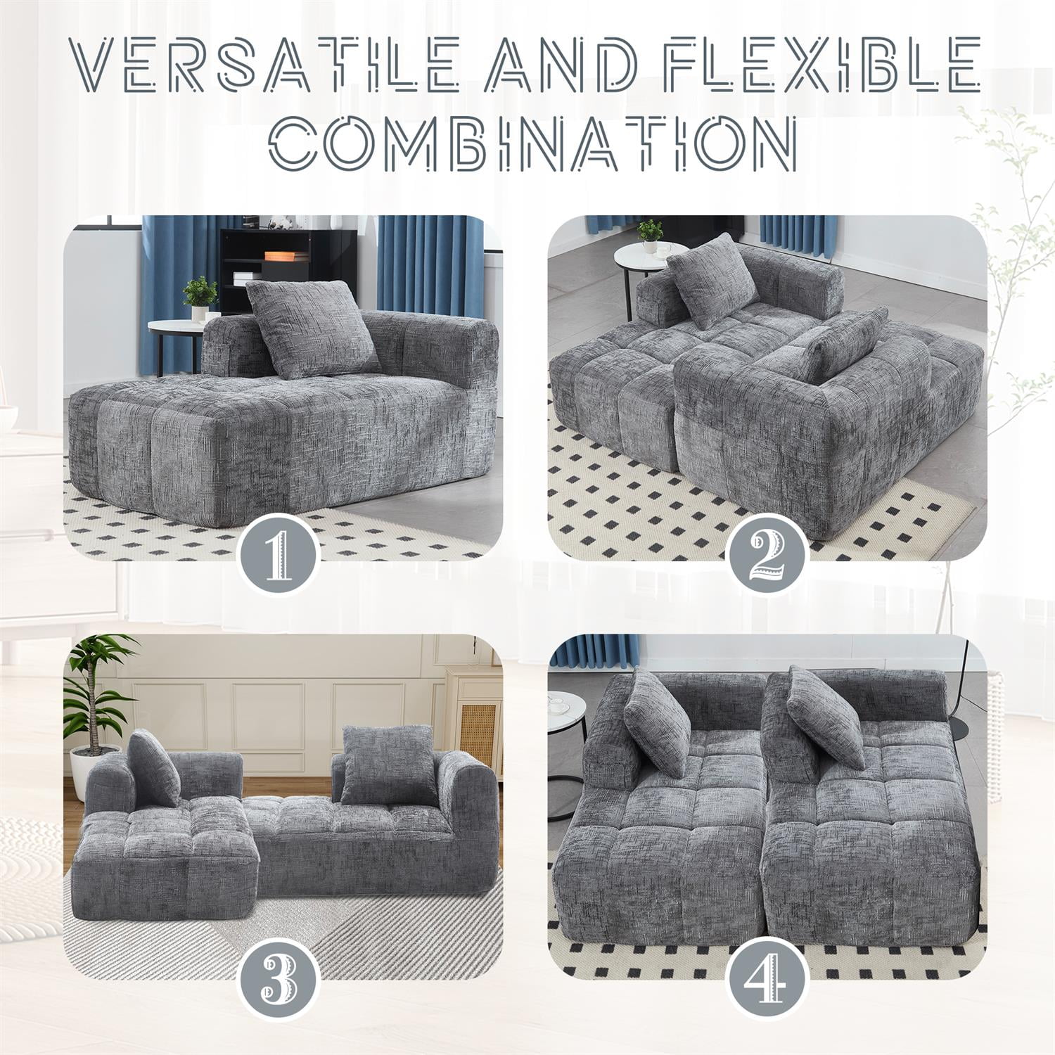 Demi Bonn 62" Plush Chenille Loveseat Sofa, Modular Sleeper for Living Room, Bedroom, Apartment Lounge, Stylish & Comfortable Couch, Gray