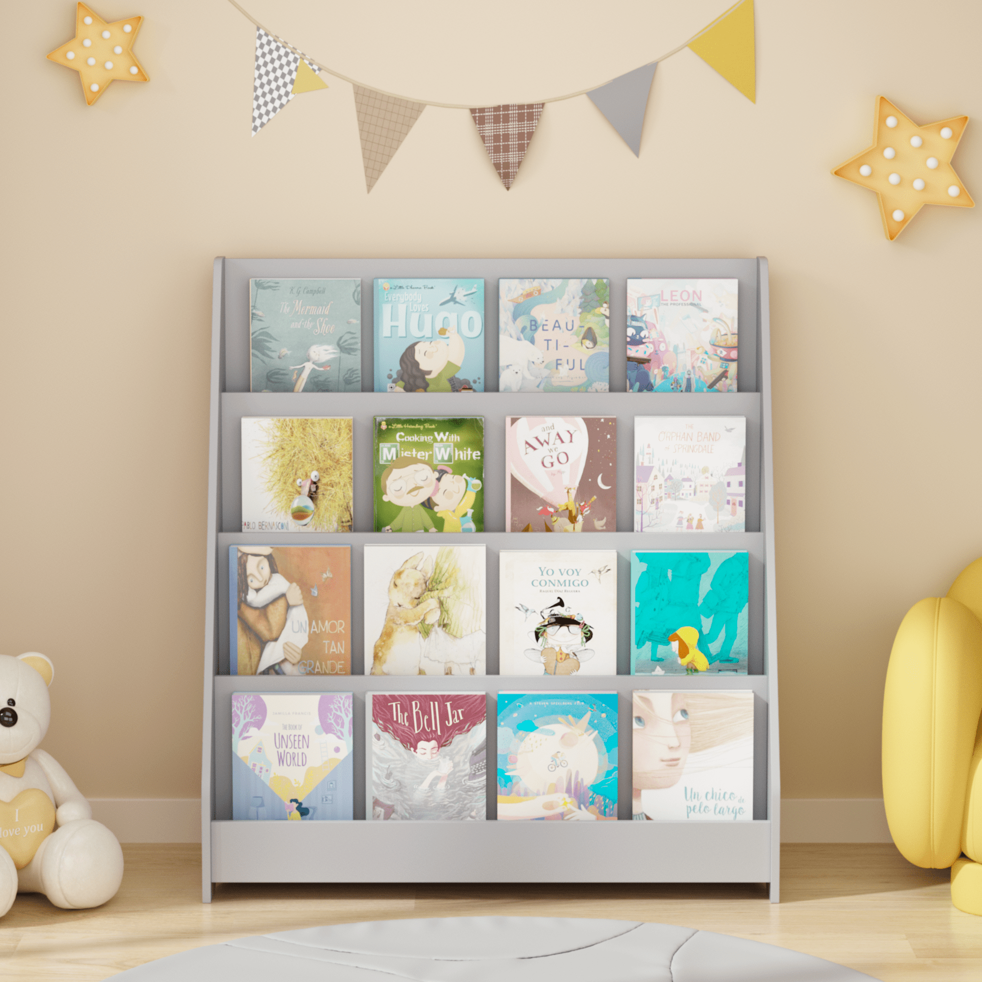 4-Tier Bookshelf,Kids Book Display Shelves,Toy Storage Organizer for Kids Room Playroom Nursery,Gray
