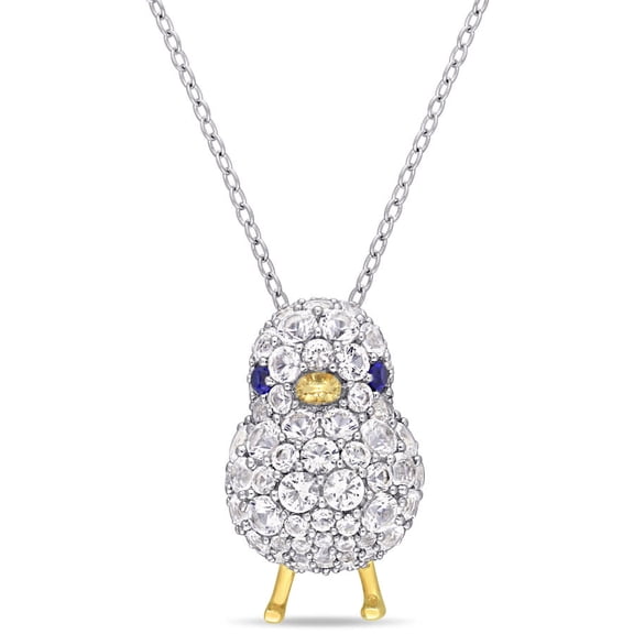 AMOUR 2 3/4 CT TGW Created Blue and White Sapphire Chick Necklace In 2-Tone White and Yellow Plated Sterling Silver