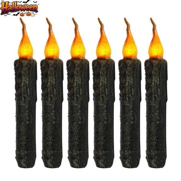 Qocolcyl 6Pcs Black Primitive Drip Wax Taper Flameless Candles, Battery Operated Flickering LED Taper Candle, Indoor Outdoor Halloween Christmas Home Table Mantel Holiday Decor Ornament