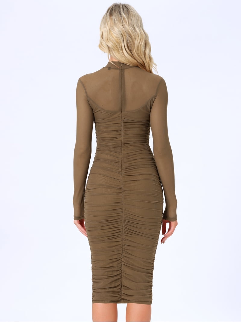 camel cocktail dress Smocked Waist Long Sleeve Dress Camel Medium