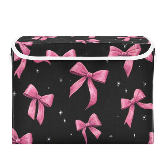 Pink Watercolor Bows Stars Black Background Foldable Storage Bin with Lid and Handle Collapsible Storage Box 16.5 x 12.6 x 11.8 inches