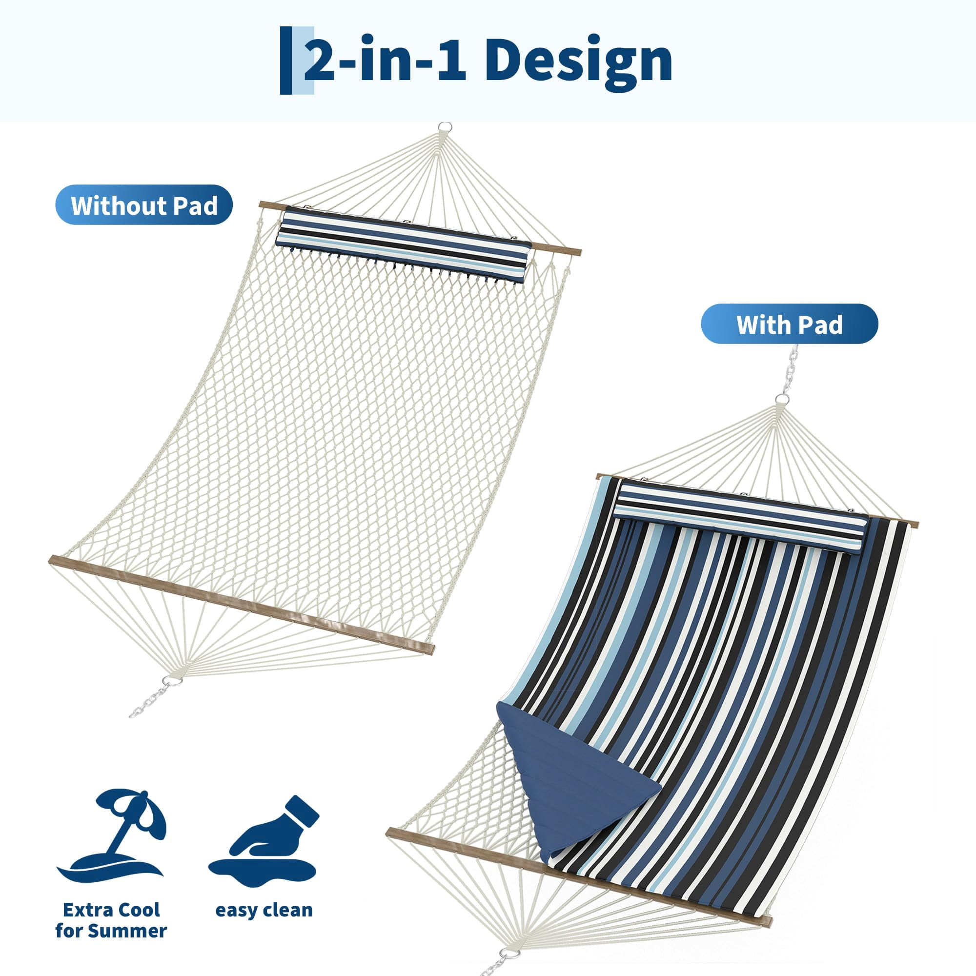12FT Hammocks 2 Person, Double Quilted Fabric Outdoor Hammock with Spreader Bar, Large Removable Pillow, Storage Pockets, Carabiners, 450 Lbs Capacity, for Hiking, Beach, Blue Striped