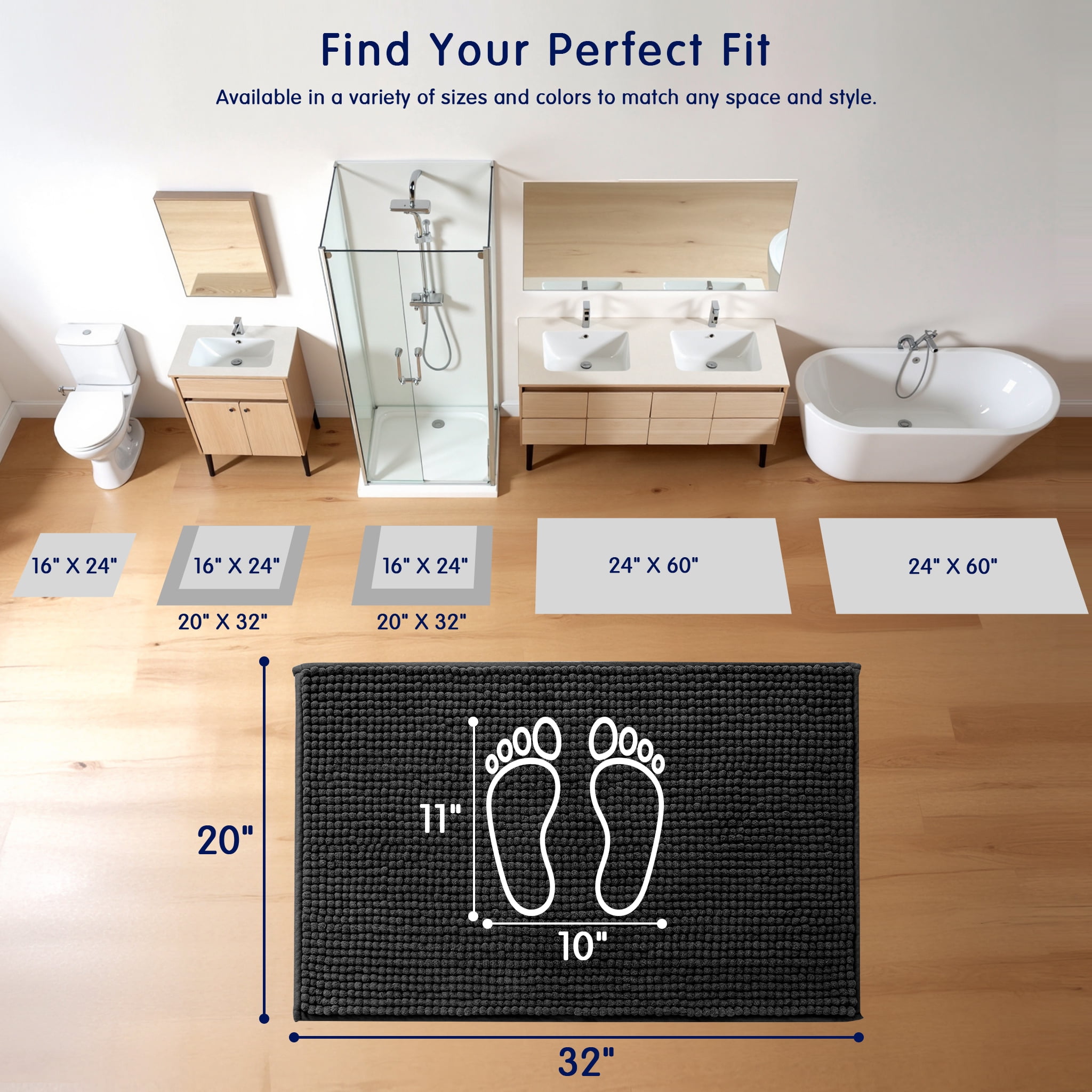 Subrtex Chenille Bathroom Rugs，Extra Soft and Non Slip Bath Mats，Thick Rubber Backing Washable Shower Rugs & Home Decor Accessories (Black,20"*32")