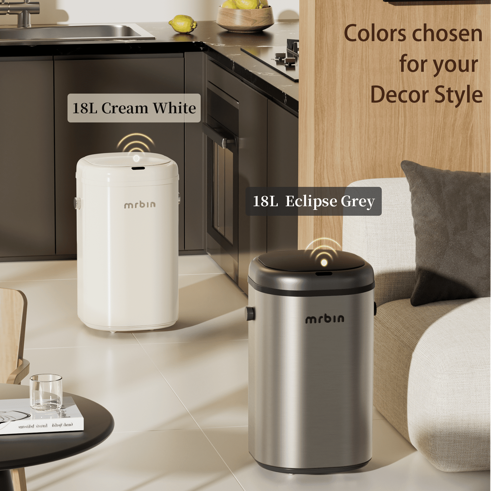 MRBIN Stainless Steel Adsorption Motion Sensor Trash Can Removable, 18L / 4.8gal Automatic Absorbing Bag Lidded Garbage Bin with Wheels, Waste Basket for Kitchen, Bathroom, Eclipse Grey