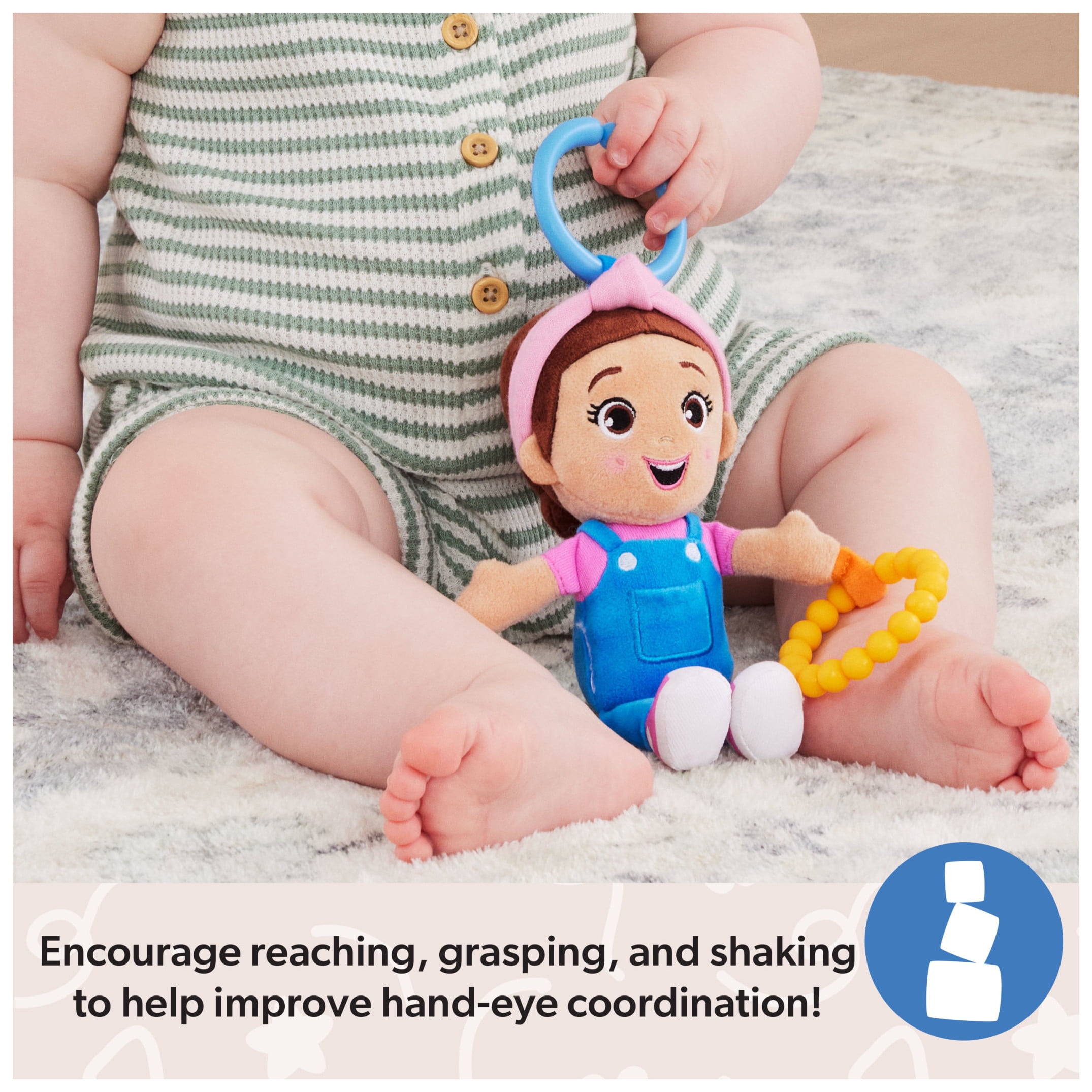 Ms. Rachel Official Sensory Take-Along Plush Toy with Baby Rattle & Clip