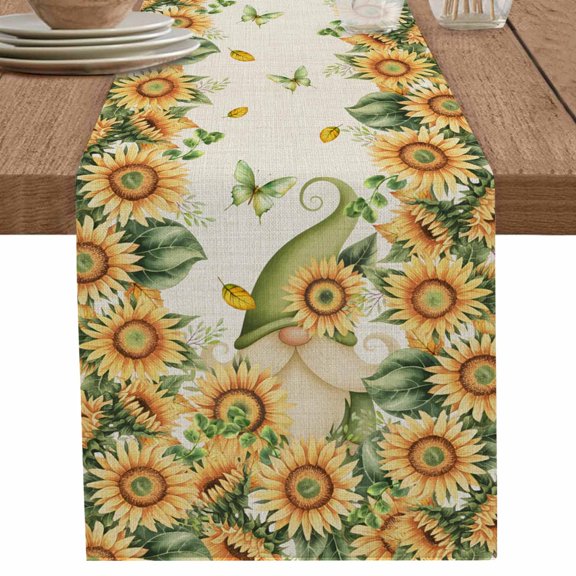 nqOlkjepod Sunflower Table Runner 90 Inches Long Farmhouse Dress Scarves, Vintage Bee Gnomes Farmhouse Beige Leaf Dining Tablerunner for Coffee Table/Kitchen Island/Party Décor, 13" x 90"
