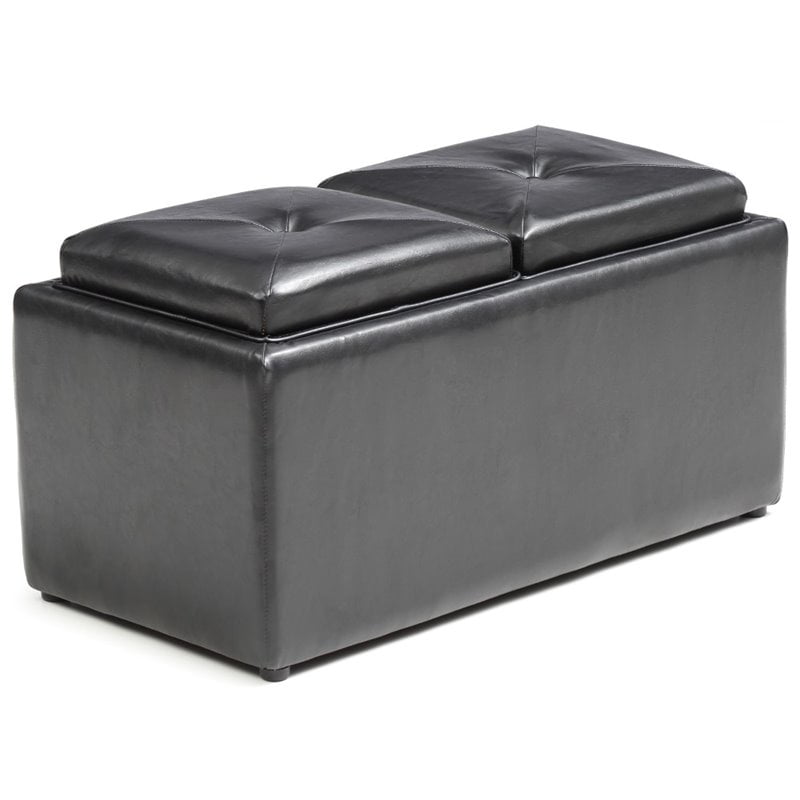 Hodedah Storage Ottoman with 2 Flip over Serving Trays in Black