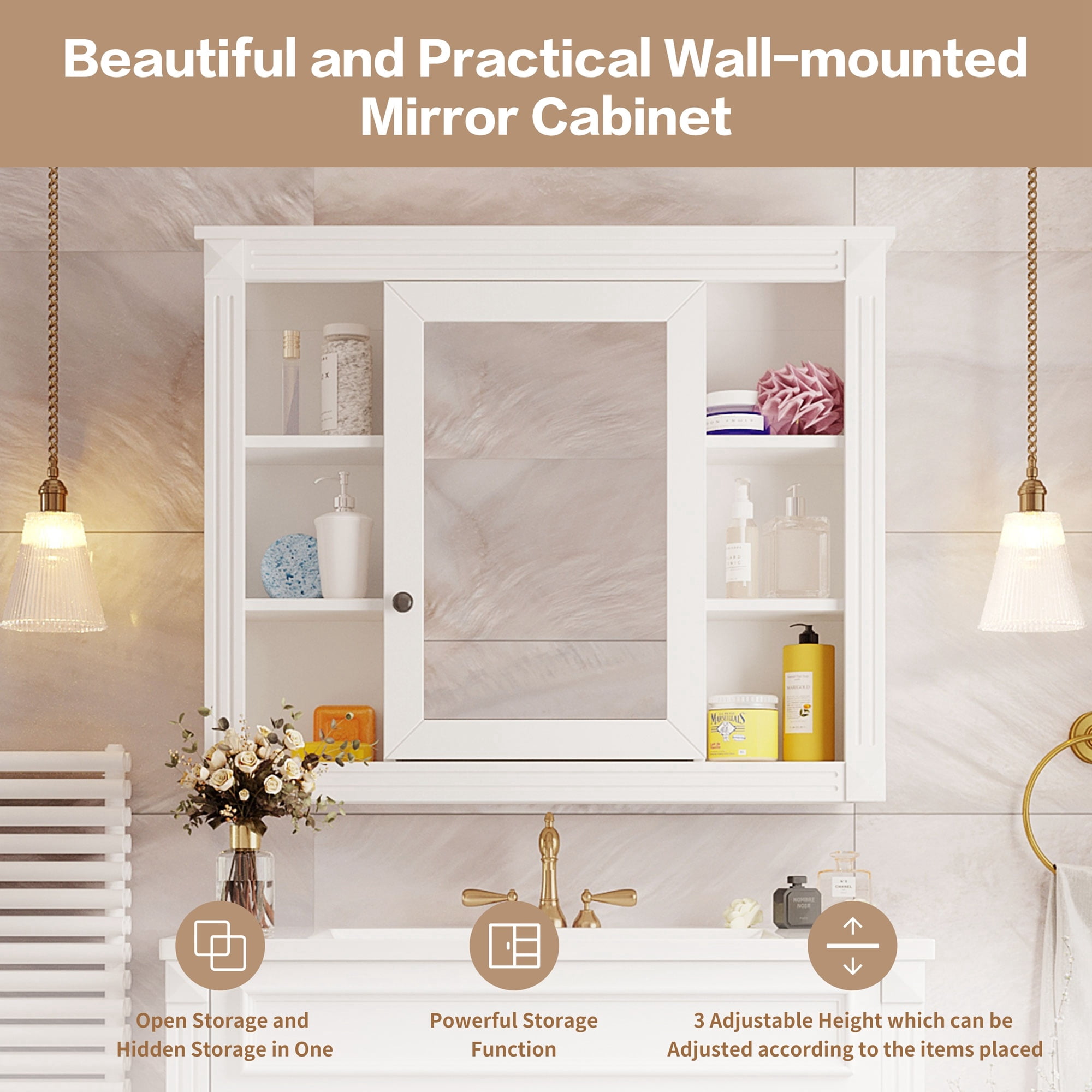 35'' x 28'' Wall Mounted Bathroom Storage Cabinet, White Medicine Cabinetwith Mirror, Mirror Cabinet and 6 Open Shelves