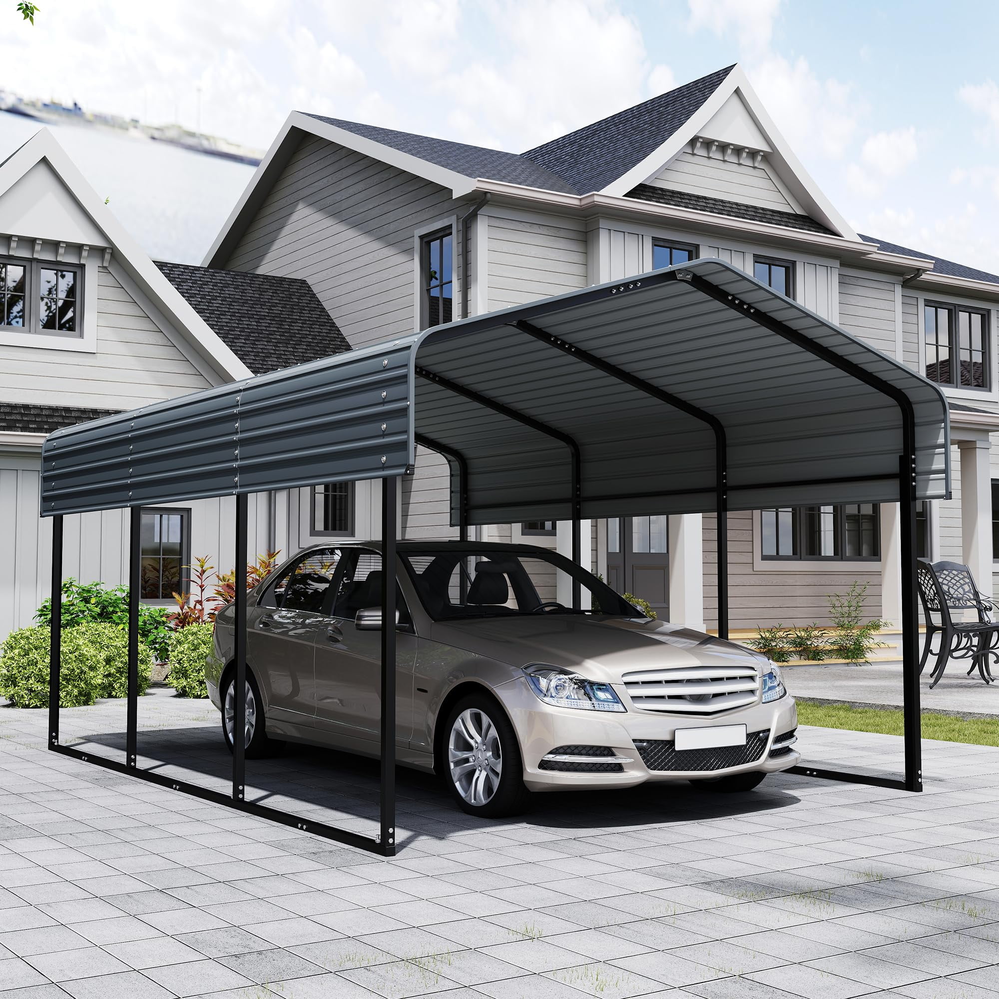 Zolyndo Heavy Duty 10x15FT Metal Carport with Galvanized Steel Roof, Outdoor Car Shelter Garage Canopy for Cars, Trucks, Boats, Dark Gray
