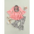 thumbnail image 2 of LMLYSoH Kid Girl 3-Piece Suit, Long Ruffle Sleeve A-Lined Tops Wide-Leg Dye Printed Casual Trousers + Scarf, 2 of 9
