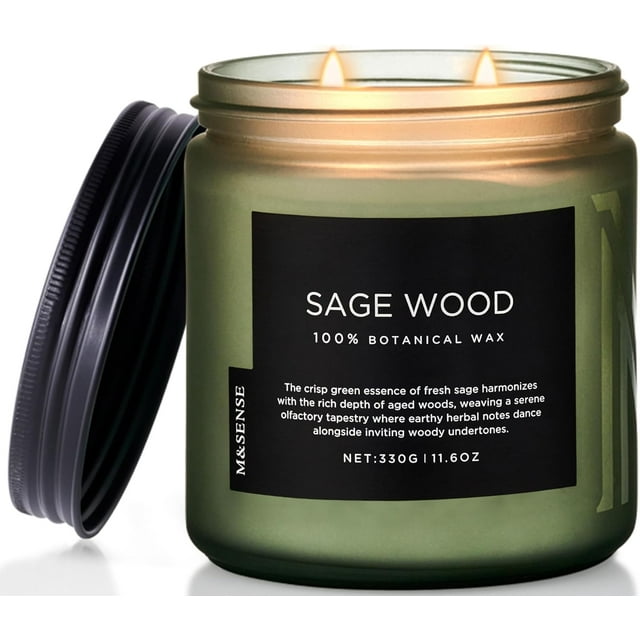 M&SENSE Sage Wood Scented Candle, 11.6oz 70 Hours Long Lasting Clean Non Toxic Natural Soy Wax Candle for Relaxing & Stress Relief, 2 Wick Home Fragrance Gifts for Men Dad & Husband