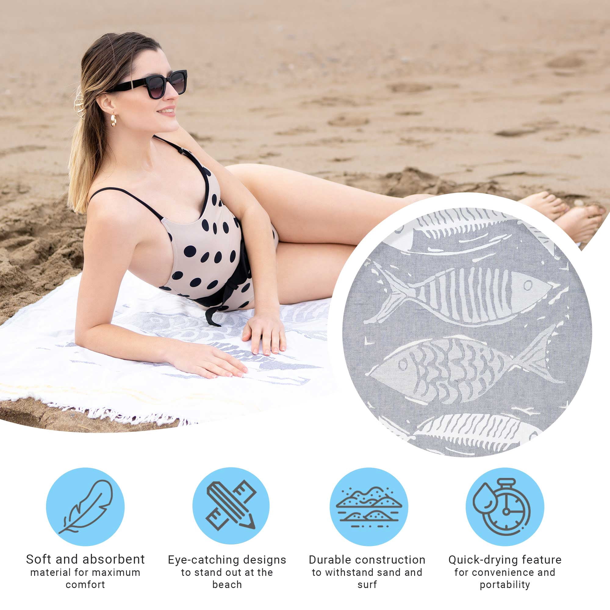 Hencely Beach Towels, 100% Cotton Soft Turkish Large Beach Towel 37 x 68 Inches for SPA, Beach, Pool, Gym and Bathroom (Gray Fish)