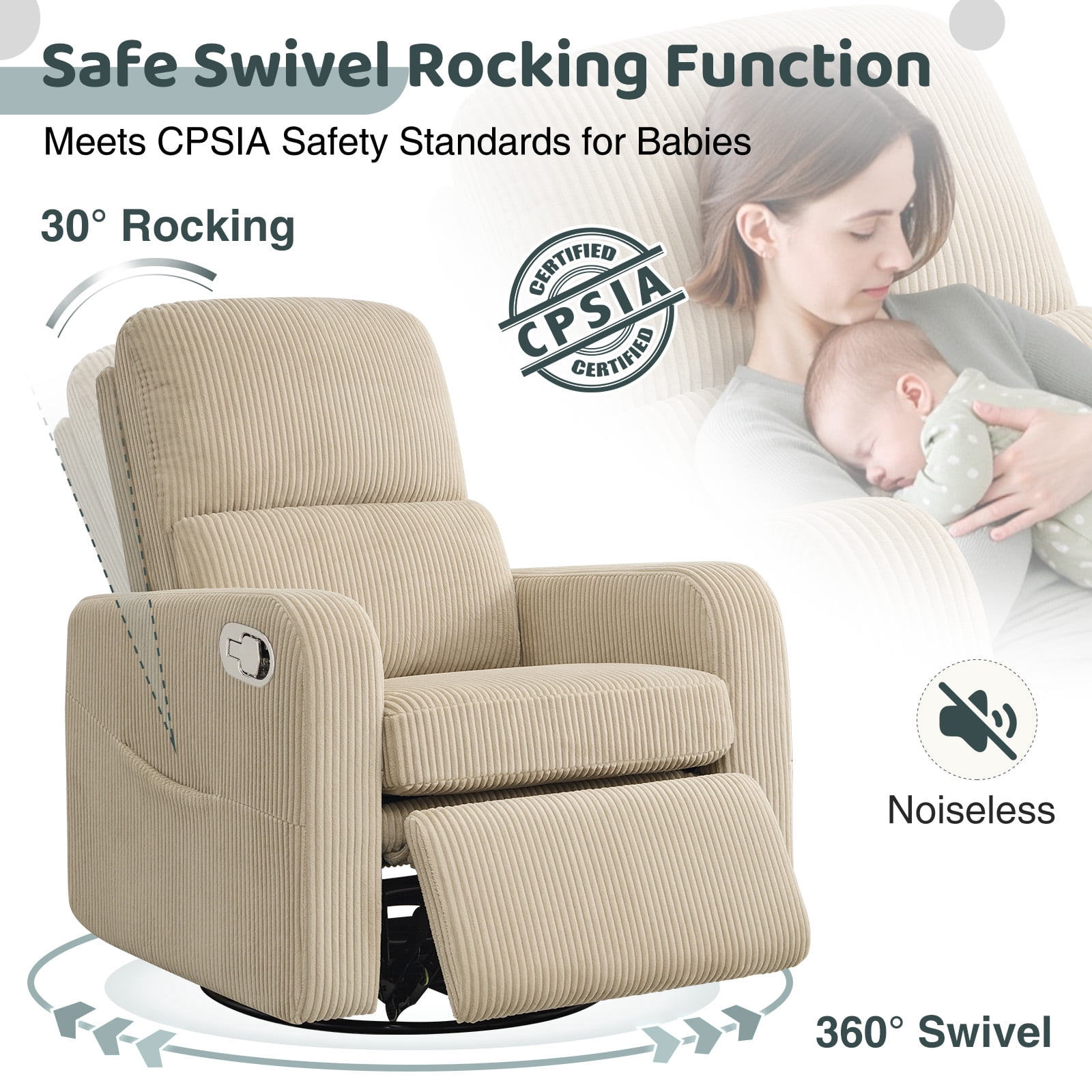 Aemeios Swivel Manual Recliner Chair Corduroy Fabric Nursery Glider Rocker Recliner, Camel