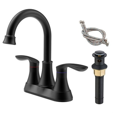 Tcbosik 6 Inch Vanity Sink Faucet with Pop-up Drain & Supply Hoses, 2-Handle Bathroom Faucet, 360 Degree High Arc Swivel Spout Centerset for Bath RV and Kitchen, Matte Black
