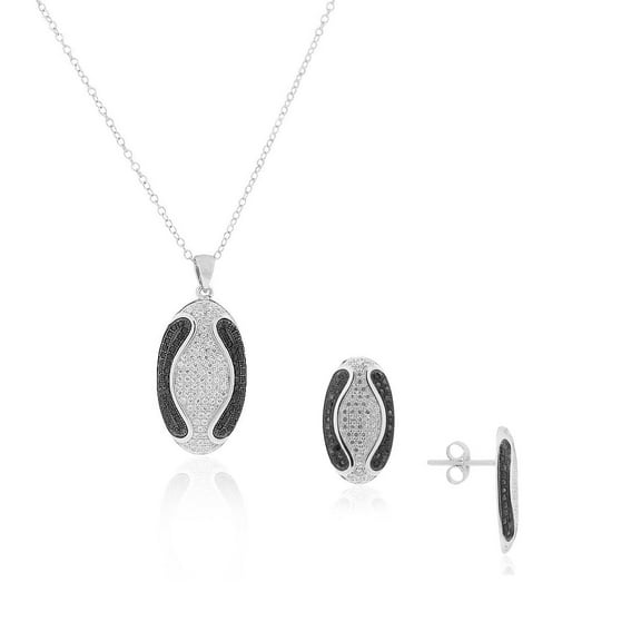 925 Sterling Silver Black White CZ Oval Pendant Stud Earrings Set, 18"