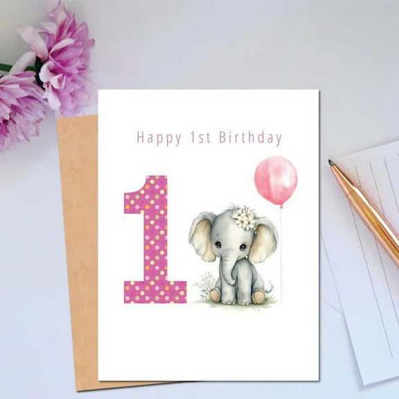 Happy 1st Birthday Card with Cute Elephant Illustration – Adorable Design, Blank Inside, Includes Envelope – Perfect for Baby's First Birthday Celebration
