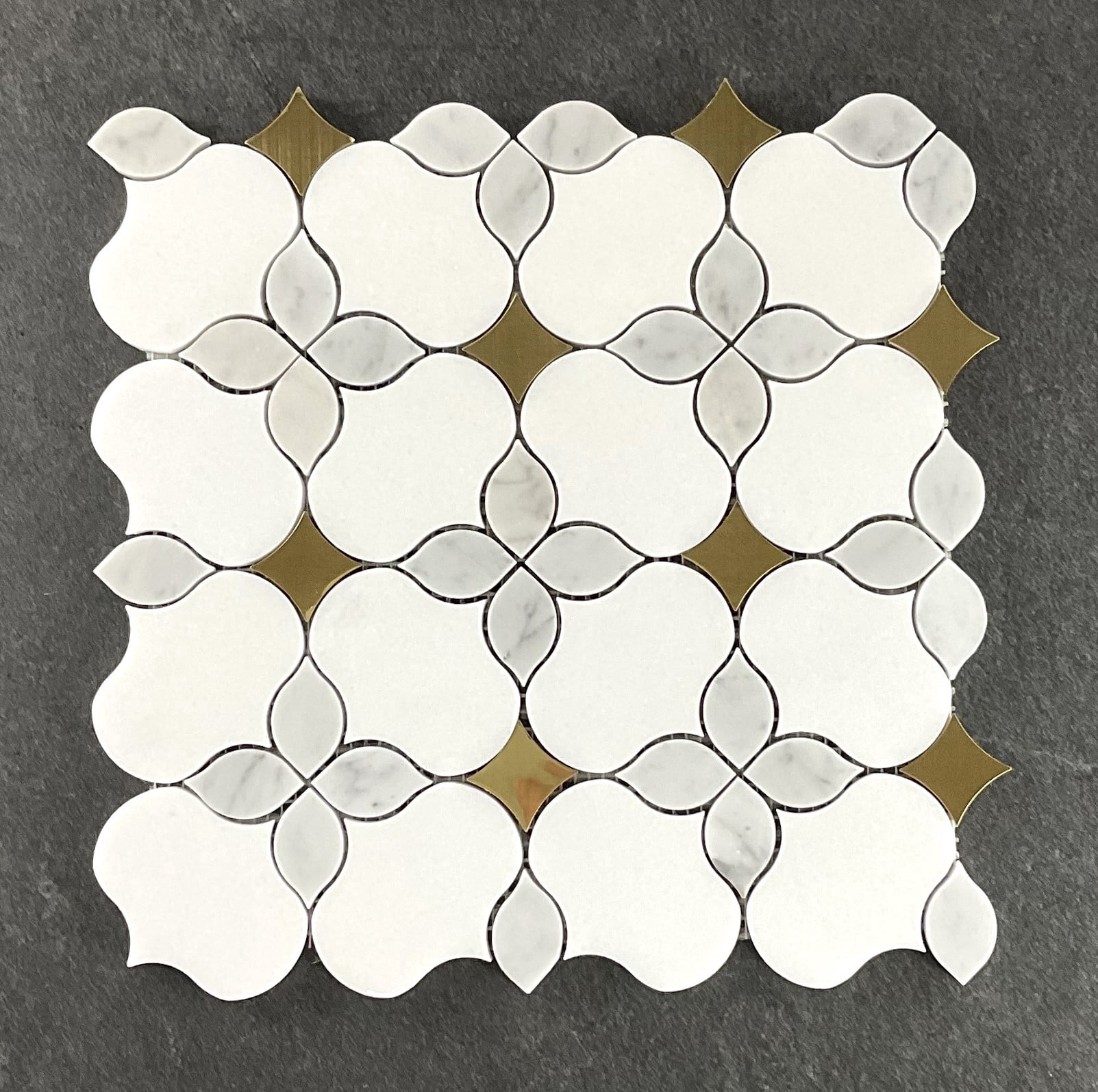 Waterjet Thassos White Marble & Gold Metal Floral Novelty Mosaic Wall & Floor Tile - Case (10 Sheets)
