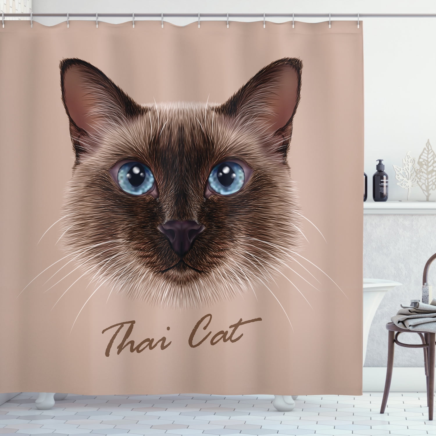 Cat Shower Curtain, Realistic Traditional Siamese Cat Portrait