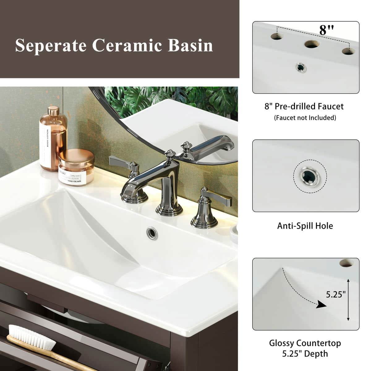 Resenkos 30" Bathroom Vanity with Ceramic Sink, Solid Wood Legs, Adjustable Shelf, Tip-Out Tray, Silver Metal Knobs, Soft Close Hinges - Brown