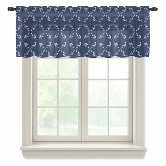 Navy Blue Sheer Curtains Valances for Windows Geometric Leaf Diamond Plaid Abstract Check Chiffon Kitchen Valances for Cafe, Voile Window Treatments Curtains for Living Room Bedroom, 60"x18"