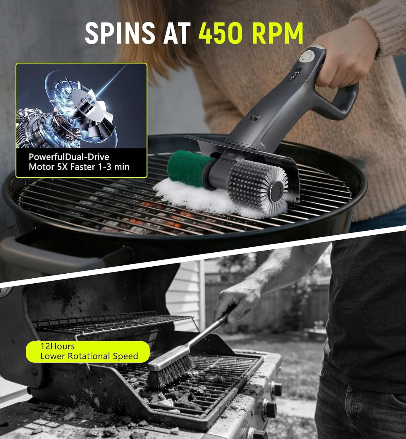 Electric Grill Brush Rechargeable, Dual Brush Heads Design Cordless Electric BBQ Grill Cleaner with Replaceable Head, No Bristles Grill Brush Outdoor Grill for Burnt-On Grease & Grill Grates