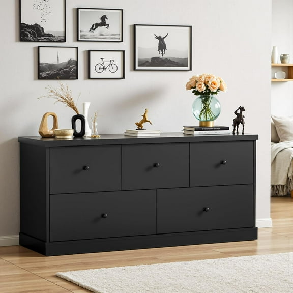 XH Dresser for Bedroom, Wide Chest of Drawers with 5 Wood Dresser Drawers, TV Stand, Modern Design for Bedroom, Living Room, Hallway, and Entryway (Black)