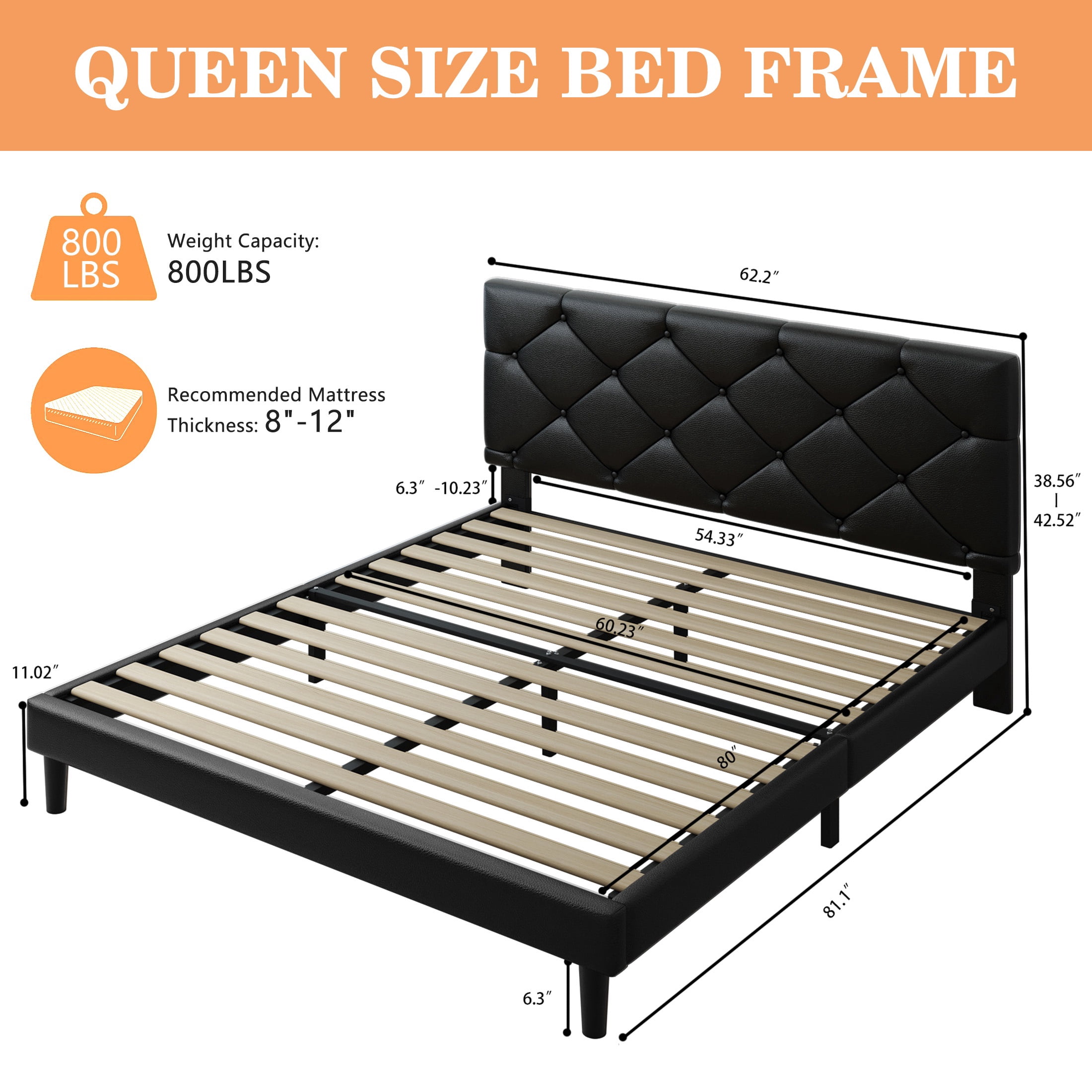 Queen Bed Frame with Upholstered Faux Leather Headboard, UHOMEPRO Platform Bed Frame with Wood Slat Support, No Box Spring Needed, Black