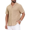 thumbnail image 5 of Men's Hollow Jacquard Shirt Camp Collar Short Sleeve Beach Texture Shirts M Khaki, 5 of 6