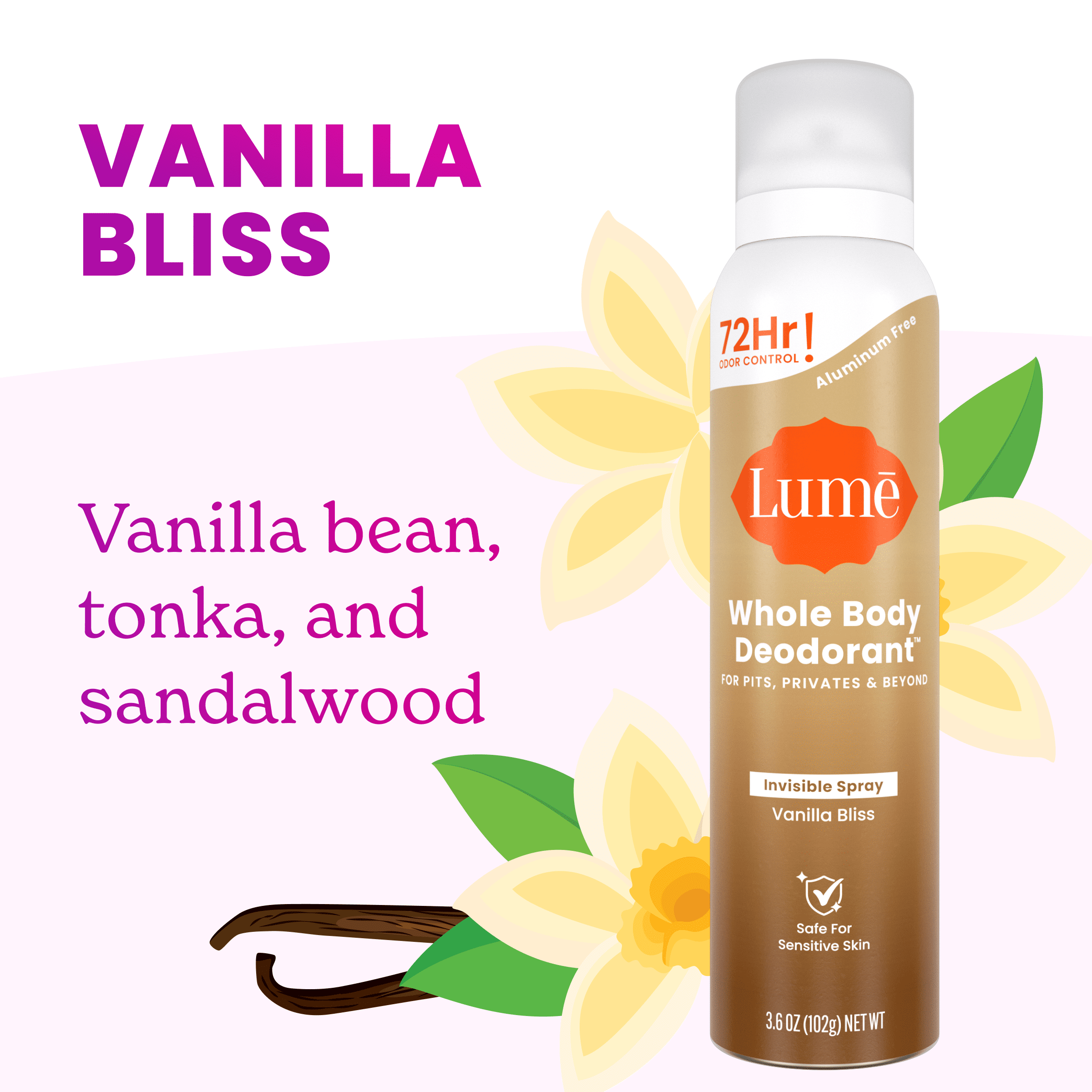 Lume Whole Body Women’s Deodorant - Invisible Spray - Aluminum Free - Vanilla Bliss - 3.6 oz