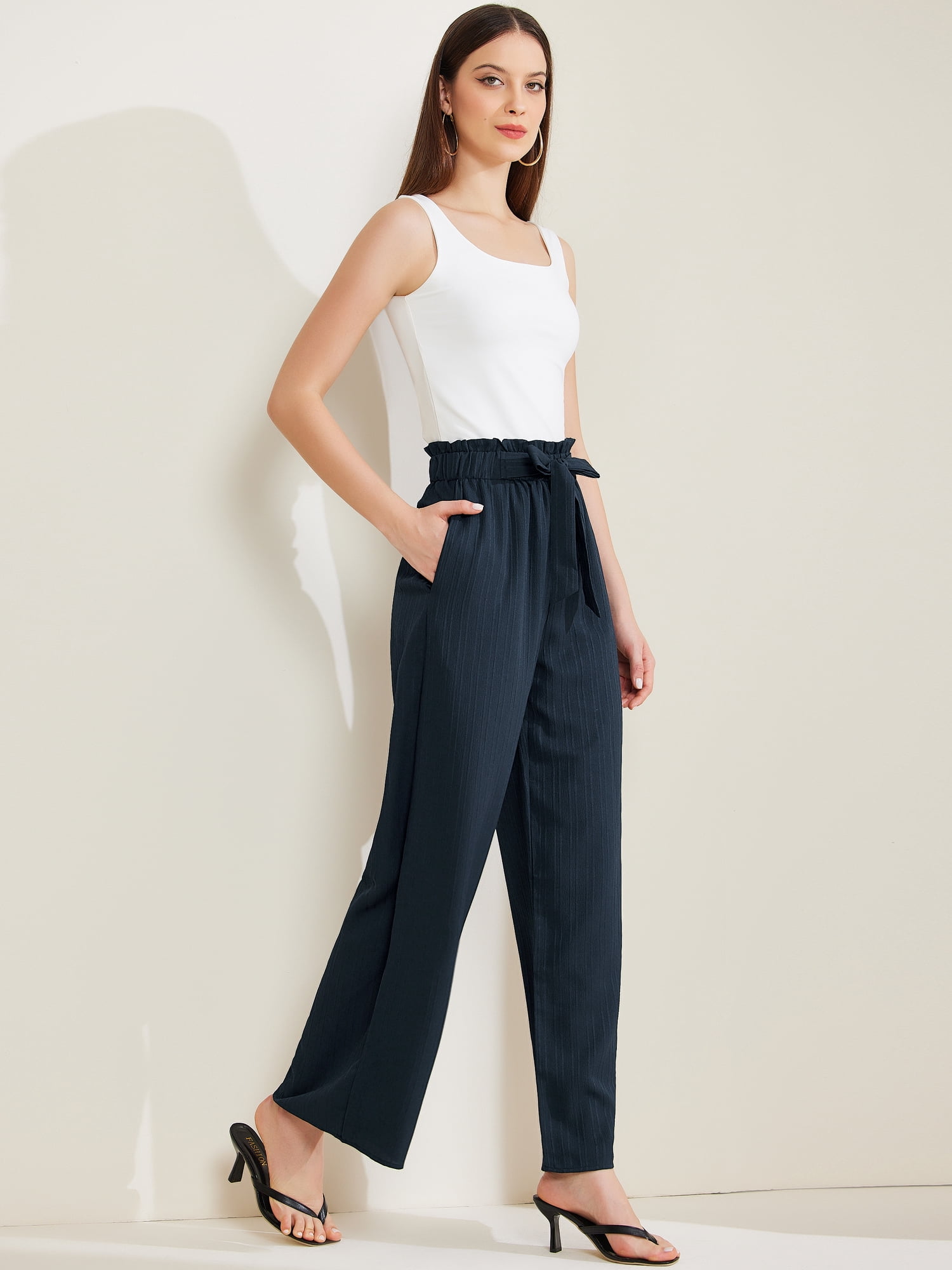 DARING DIVA Women's Elastic Waist Pleated Wide Leg Pants with Pockets XL Navy