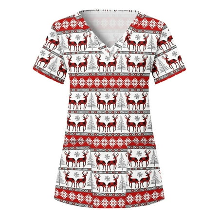 

CYMMPU V-Neck Working Uniform for Women Short Sleeve Christmas Scrub_Tops Cute Reindeers and Plaid Trees Printing Blouse with 2 Pockets Red M