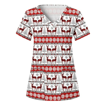 

Stamzod Christmas Print Scrub Tops For Women Fashion Short Sleeve V-Neck Holiday Tops Working Uniform Printing Shirts Tee Tops With Pockets On Clearance